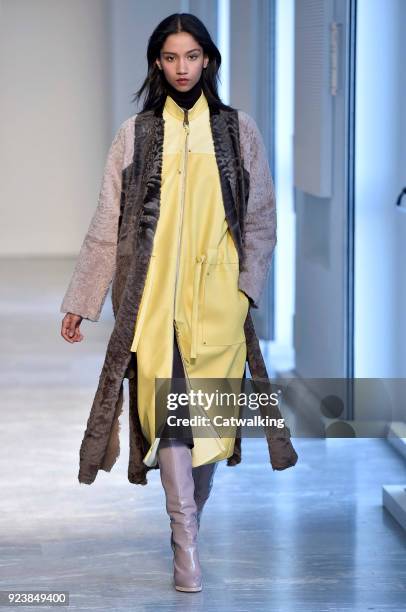 Model walks the runway at the Agnona Autumn Winter 2018 fashion show during Milan Fashion Week on February 24, 2018 in Milan, Italy.