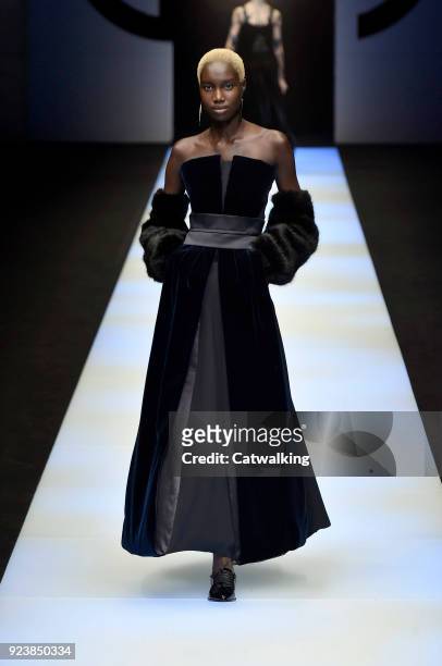 Model walks the runway at the Giorgio Armani Autumn Winter 2018 fashion show during Milan Fashion Week on February 24, 2018 in Milan, Italy.