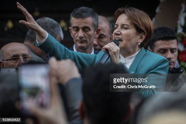 Party Chairman Meral Aksener, speaks to supporters at the opening of a building on February 24, 2018 in Iskenderun, Turkey. Meral Aksener and party...
