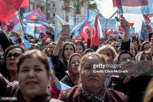 Supporters watch on as IYI Party Chairman Meral Aksener, speaks at a rally in Hatay on February 24, 2018 in Hatay, Turkey. Meral Aksener and party...