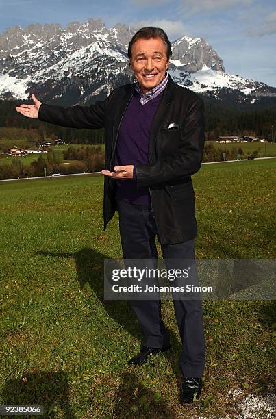 Singer Karel Gott poses during a 'Christmas With Marianne And Michael' TV show taping photocall at Ellmauer Alm Sporthotel on October 27, 2009 in...