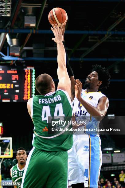 Henry Sims of Vanoli competes with Kyrylo Fesenko and Jason Rich of Sidigas during the match quarter final of Coppa Italia between Scandone Sidigas...