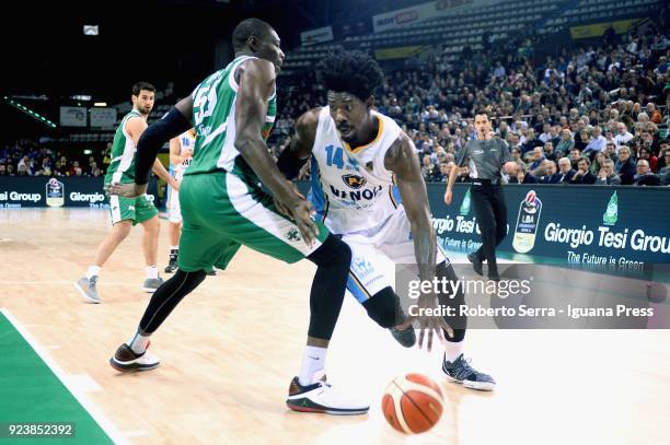 Henry Sims of Vanoli competes with Kyrylo Fesenko and Bruno Fitipaldo of Sidigas during the match quarter final of Coppa Italia between Scandone...