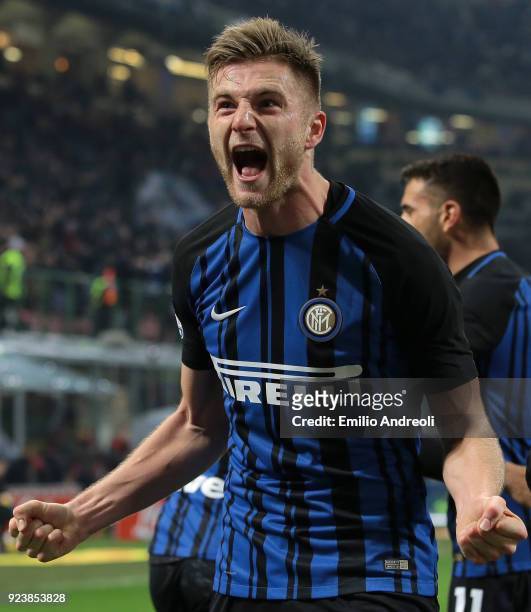 Milan Skriniar of FC Internazionale Milano celebrates after scoring the opening goal during the serie A match between FC Internazionale and Benevento...