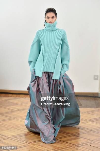 Model walks the runway at the Antonio Berardi Autumn Winter 2018 fashion show during Milan Fashion Week on February 24, 2018 in Milan, Italy.