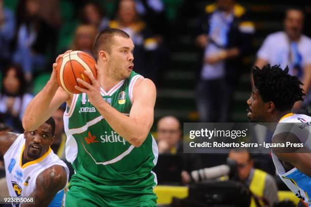 Kyrylo Fesenko of Sidigas competes with Henry Sims of Vanoli during the match quarter final of Coppa Italia between Scandone Sidigas Avellino and...
