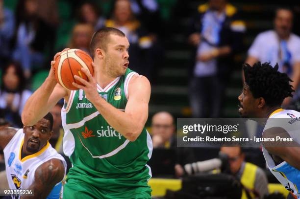 Kyrylo Fesenko of Sidigas competes with Henry Sims of Vanoli during the match quarter final of Coppa Italia between Scandone Sidigas Avellino and...