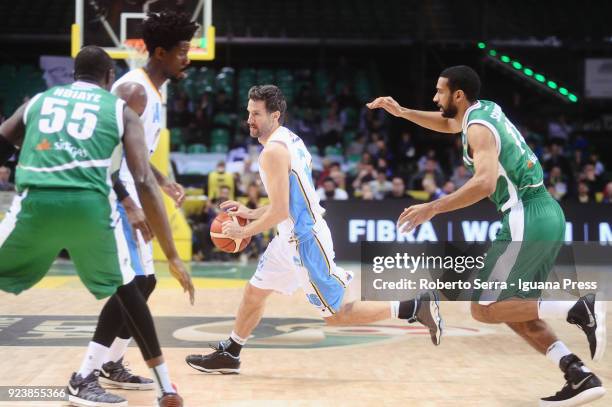 Drake Diener and Henry Sims of Vanoli competes with Lorenzo D'Ercole and Hamady Ndiaye of Sidigas during the match quarter final of Coppa Italia...