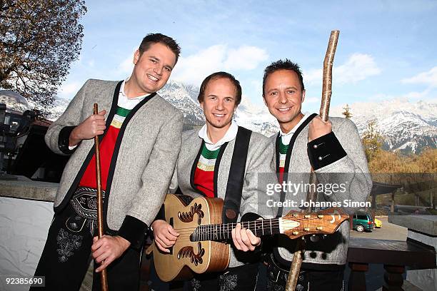 Musicians of the traditional Tyrolian band 'Die jungen Zillertaler' pose during a 'Christmas With Marianne And Michael' show taping photocall at...