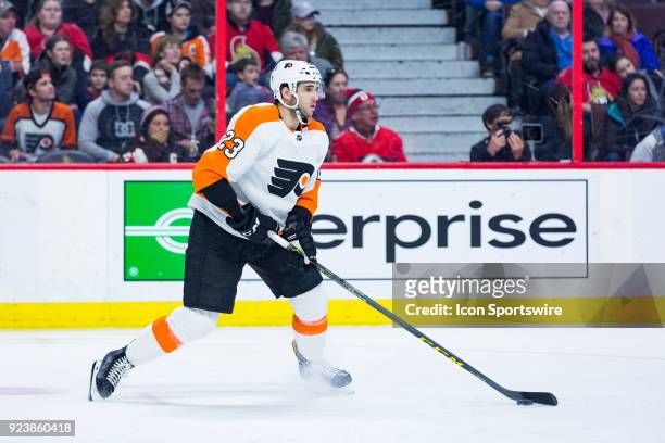 Philadelphia Flyers Defenceman Brandon Manning stickhandles the puck during third period National Hockey League action between the Philadelphia...