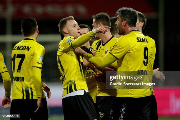 Lennart Thy of VVV Venlo celebrates 2-0 with Ralf Seuntjens of VVV Venlo during the Dutch Eredivisie match between VVVvVenlo - Vitesse at the Seacon...