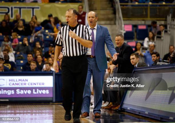 Head coach Kevin Stallings of the Pittsburgh Panthers argues with a referee against the Virginia Cavaliers at Petersen Events Center on February 24,...