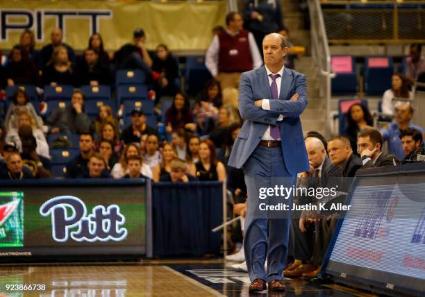 Head coach Kevin Stallings of the Pittsburgh Panthers looks on against the Virginia Cavaliers at Petersen Events Center on February 24, 2018 in...