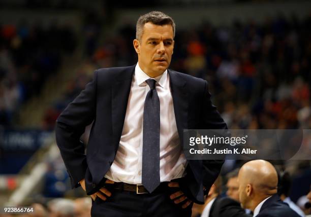 Head coach Tony Bennett of the Virginia Cavaliers in action against the Pittsburgh Panthers at Petersen Events Center on February 24, 2018 in...