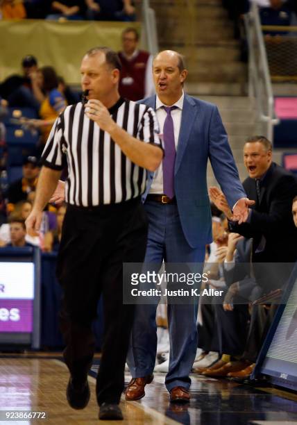 Head coach Kevin Stallings of the Pittsburgh Panthers argues with a referee against the Virginia Cavaliers at Petersen Events Center on February 24,...