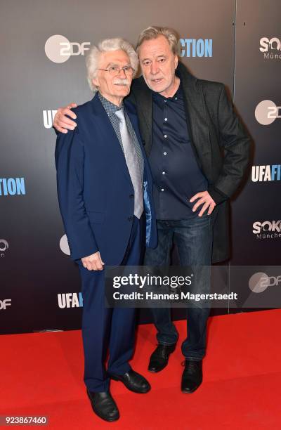 Dieter Schenk and Gerd Silberbauer during the 40th anniversary celebration of the ZDF TV series SOKO Munich at Seehaus on February 24, 2018 in...