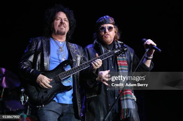 Steve Lukather and Joseph Williams of Toto perform during a concert at Columbiahalle on February 24, 2018 in Berlin, Germany.