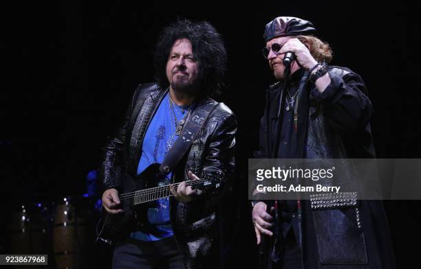 Steve Lukather and Joseph Williams of Toto perform during a concert at Columbiahalle on February 24, 2018 in Berlin, Germany.