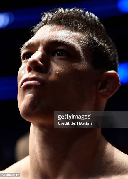 Alan Jouban prepares to enter the Octagon prior to his welterweight bout against Ben Saunders during the UFC Fight Night event at Amway Center on...