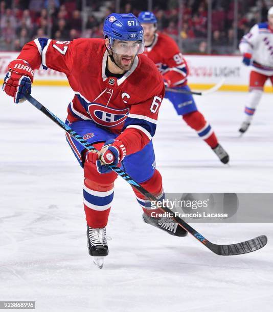 Max Pacioretty of the Montreal Canadiens skates for position against the New York Rangers in the NHL game at the Bell Centre on February 22, 2018 in...