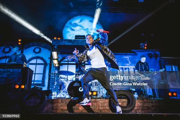 German rapper Maximilian Diehn aka Kontra K performs live on stage during a concert at the Max Schmeling Halle on February 24, 2018 in Berlin,...