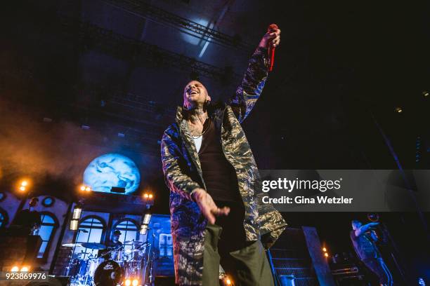 German rapper Maximilian Diehn aka Kontra K performs live on stage during a concert at the Max Schmeling Halle on February 24, 2018 in Berlin,...