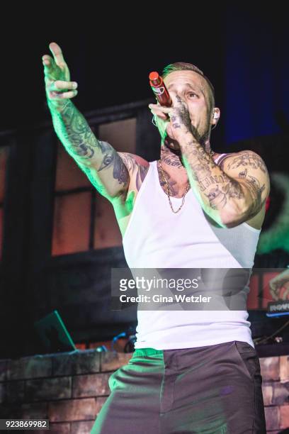 German rapper Maximilian Diehn aka Kontra K performs live on stage during a concert at the Max Schmeling Halle on February 24, 2018 in Berlin,...