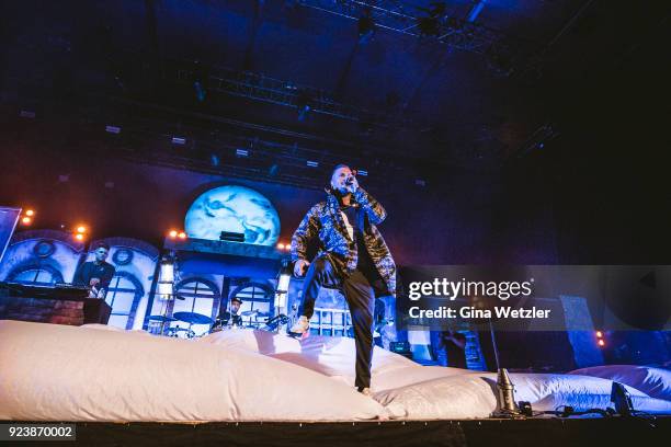 German rapper Maximilian Diehn aka Kontra K performs live on stage during a concert at the Max Schmeling Halle on February 24, 2018 in Berlin,...