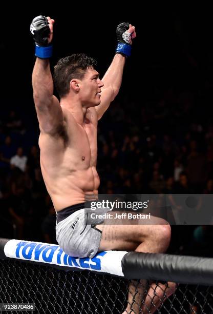 Alan Jouban celebrates after his victory over Ben Saunders in their welterweight bout during the UFC Fight Night event at Amway Center on February...