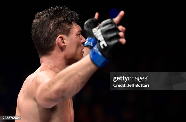 Alan Jouban celebrates after his victory over Ben Saunders in their welterweight bout during the UFC Fight Night event at Amway Center on February...