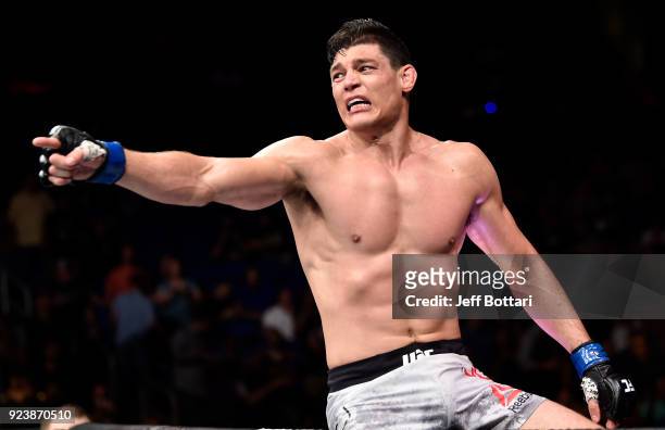 Alan Jouban celebrates after his victory over Ben Saunders in their welterweight bout during the UFC Fight Night event at Amway Center on February...
