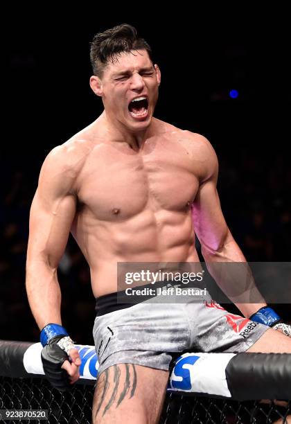 Alan Jouban celebrates after his victory over Ben Saunders in their welterweight bout during the UFC Fight Night event at Amway Center on February...