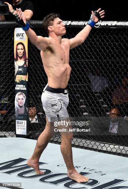 Alan Jouban celebrates after his victory over Ben Saunders in their welterweight bout during the UFC Fight Night event at Amway Center on February...