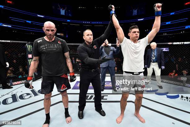 Alan Jouban celebrates after his victory over Ben Saunders in their welterweight bout during the UFC Fight Night event at Amway Center on February...