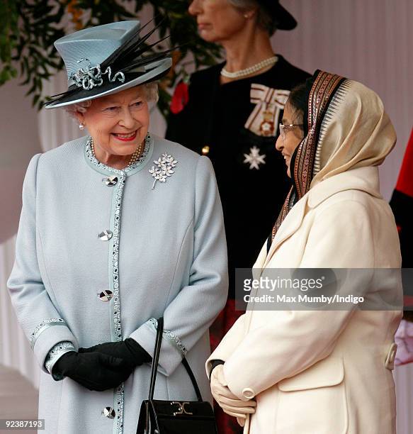 Queen Elizabeth II and The President of the Republic of India, Pratibha Devisingh Patil attend the Ceremonial Welcome on the Royal Dias during the...