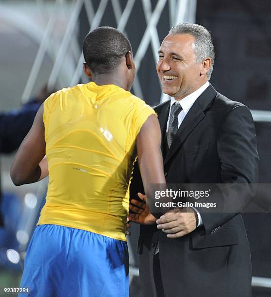 Head coach Hristo Stoitchkov of the Sundowns and two goal scorer Katlego Mphela during the Absa Premiership match between Mamelodi Sundowns and Black...