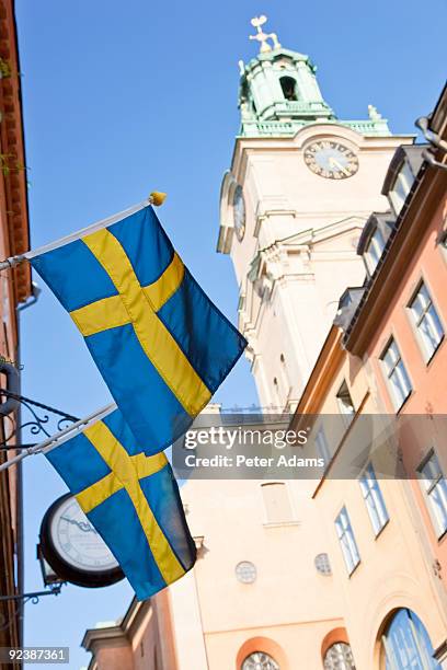 the clocktower of storkyrkan, stockholm, sweden - catedral de estocolmo - fotografias e filmes do acervo