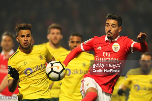 Pacos Ferreira's Brazilian midfielder Luiz Phellype with Benfica's Portuguese defender Andre Almeida during the Premier League 2017/18 match between...