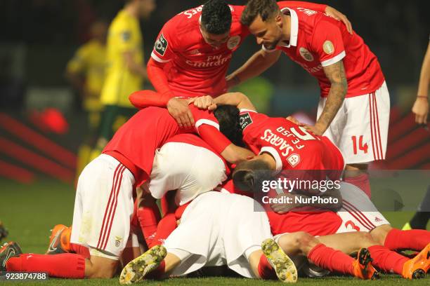 Benfica's Portuguese forward Rafa Silva celebrates after scoring goal with teammates during the Premier League 2017/18 match between Pacos Ferreira...