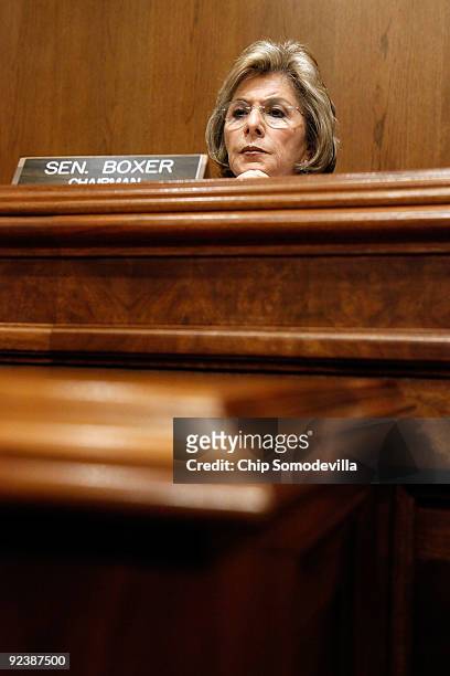 Senate Environment and Public Works Committee Chairwoman Barbara Boxer listens to opening statements on Capitol Hill October 27, 2009 in Washington,...