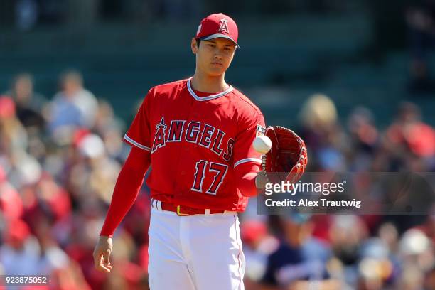 Shohei Ohtani of the Los Angeles Angels prepares to pitch during a game against the Milwaukee Brewers on Saturday, February 24, 2018 at Tempe Diablo...