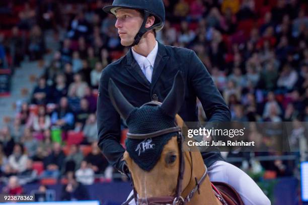 French equestrian Kevin Staut on Ayade de Septon et HDC places in in the Gothenburg Grand Prix Trophy during the Gothenburg Horse Show in...