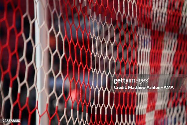 Red and white netting in the Charlton Athletic goal net during the Sky Bet League One match between Charlton Athletic and Shrewsbury Town at The...