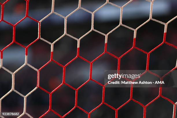Red and white netting in the Charlton Athletic goal net during the Sky Bet League One match between Charlton Athletic and Shrewsbury Town at The...