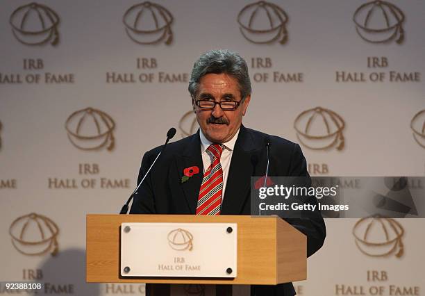 Gerald Davies, the former Wales, Lions player and manager of the 2009 British and Irish Lions makes a speech during the IRB Hall of Fame Induction...