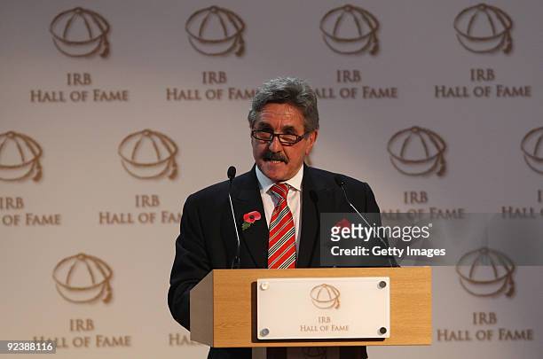 Gerald Davies, the former Wales, Lions player and manager of the 2009 British and Irish Lions makes a speech during the IRB Hall of Fame Induction...