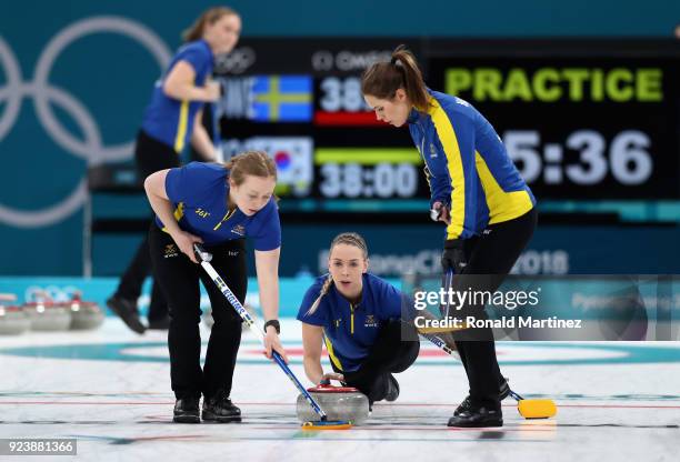 Sofia Mabergs of Sweden delivers a stone during practice prior to the Women's Gold Medal Game between Sweden and Korea on day sixteen of the...