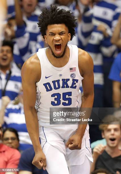 Marvin Bagley III of the Duke Blue Devils reacts after a play against the Syracuse Orange during their game at Cameron Indoor Stadium on February 24,...