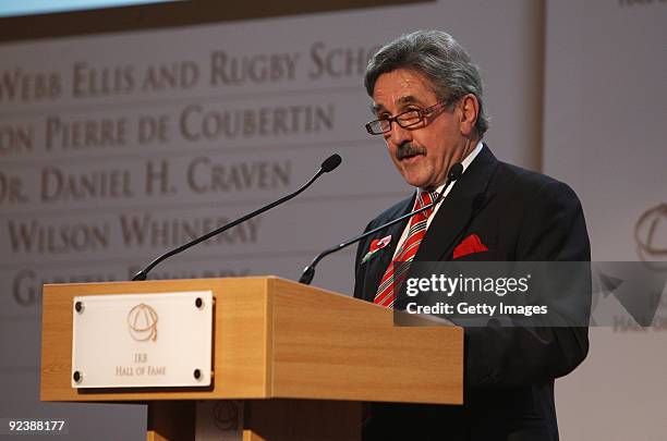 Gerald Davies, the former Wales, Lions player and manager of the 2009 British and Irish Lions makes a speech during the IRB Hall of Fame Induction...