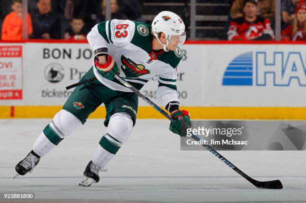 Tyler Ennis of the Minnesota Wild in action against the New Jersey Devils on February 22, 2018 at Prudential Center in Newark, New Jersey.